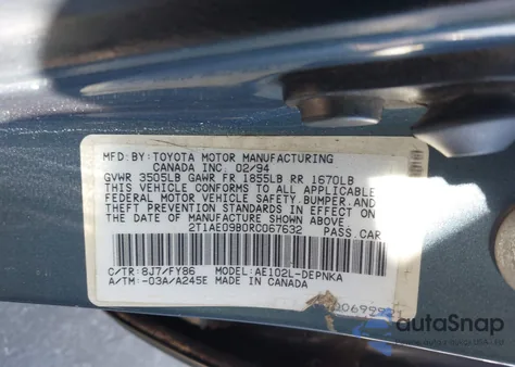 1994 Toyota Corolla Le/Dx from USA, damaged, VIN 2T1AE09B0RC067632